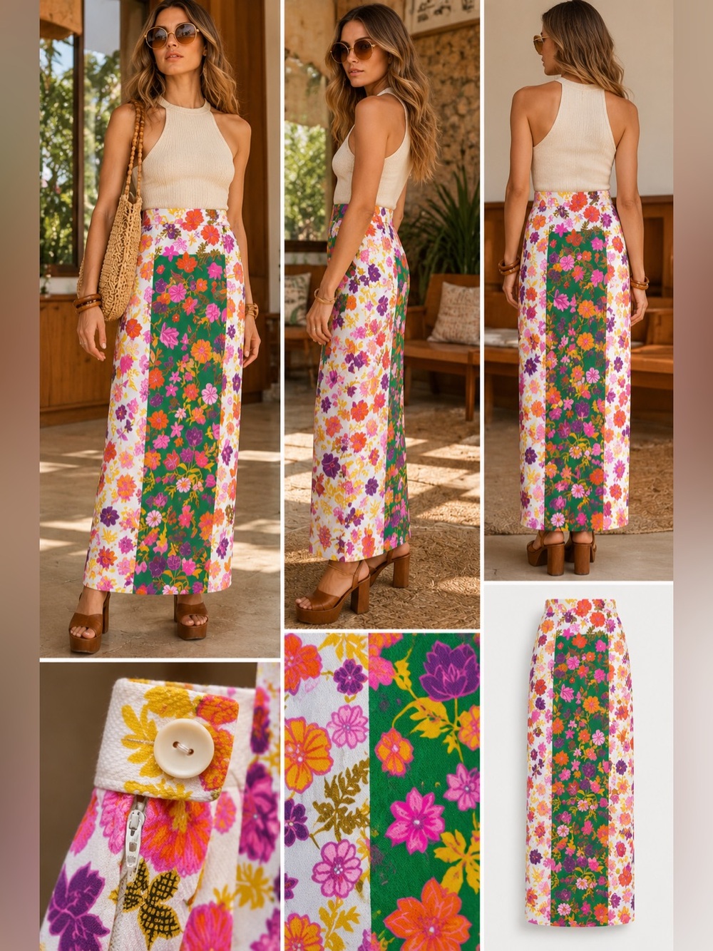 Vtg 60s 70s Alex Colman Mod Floral Pique Maxi Skirt Fits Modern M 8 10 Tag 16